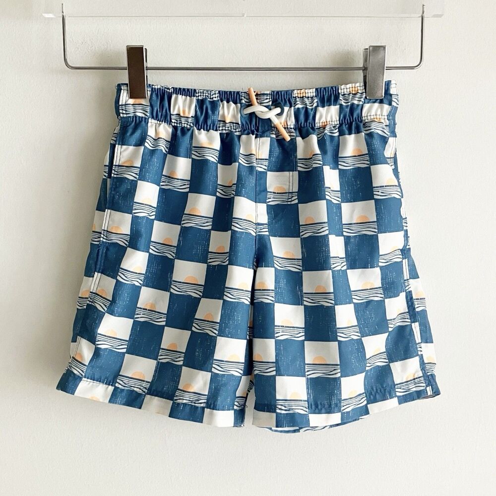 Cat & Jack Boys Swim Shorts S 6-7 Blue White Check Elastic Drawstring Pocket